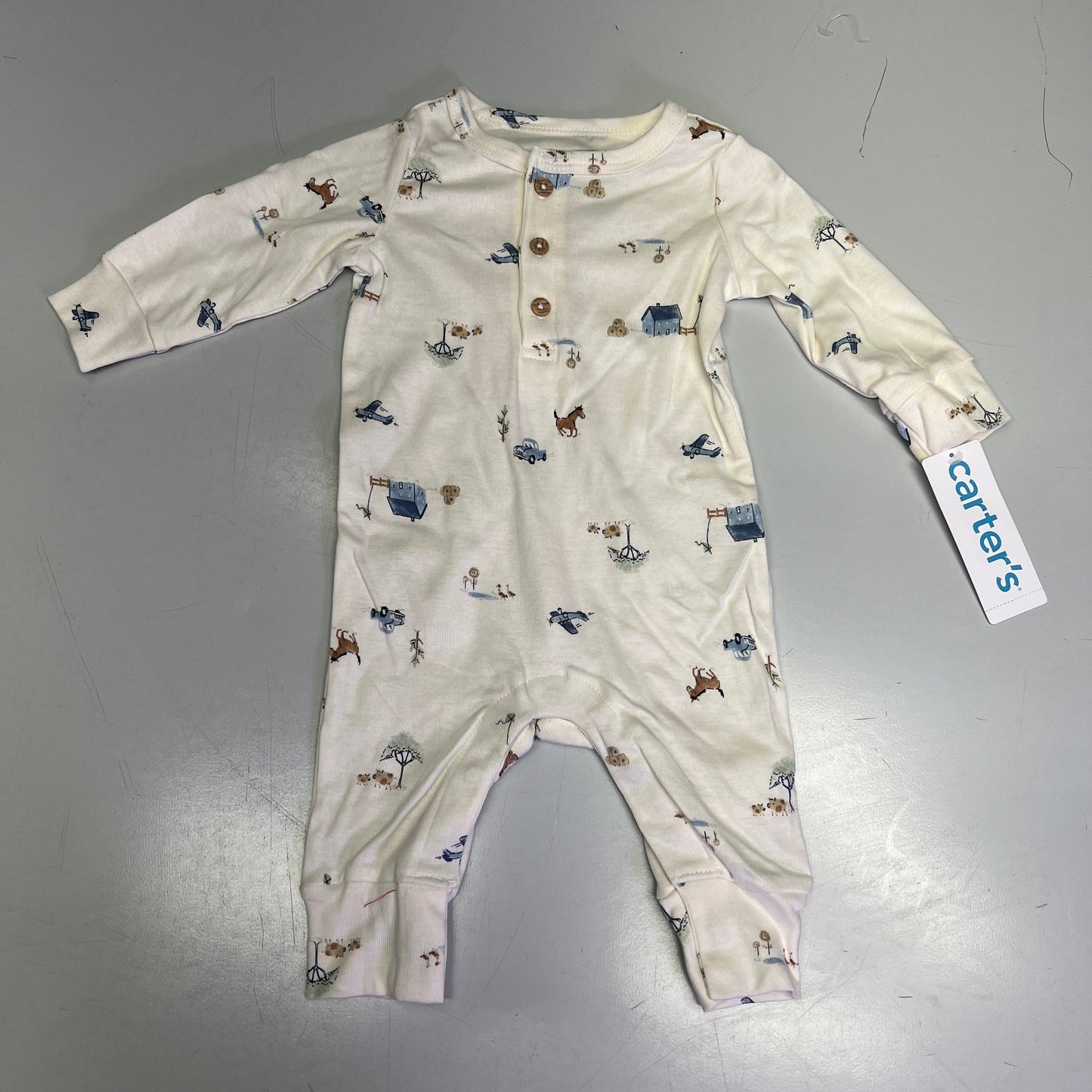 CARTERS (SET OF 2) Soft Farmhouse Pattern One Body Suit Baby Boy Sz 3M Blue/White