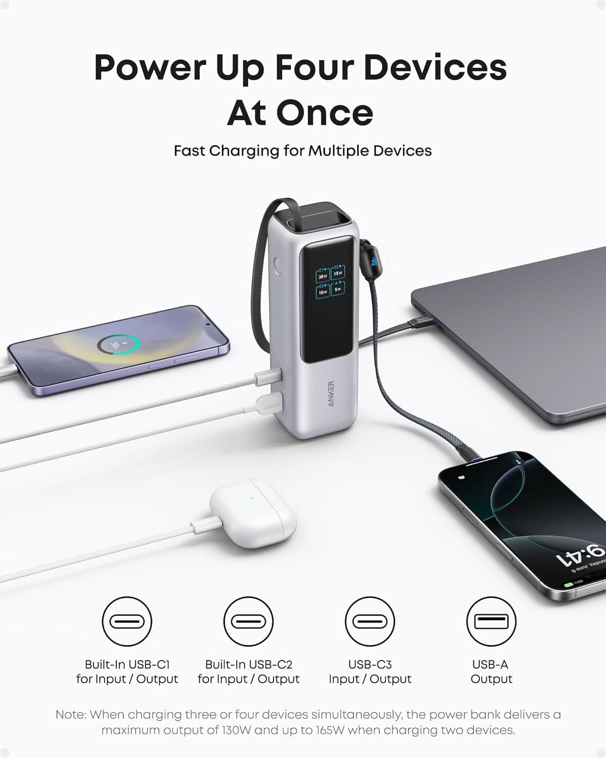 Anker 25000mAh Laptop Power Bank – 100W Triple USB-C with Built-In Cables