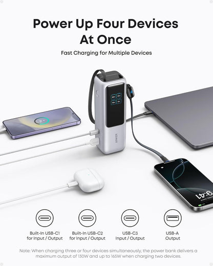 Anker 25000mAh Laptop Power Bank – 100W Triple USB-C with Built-In Cables