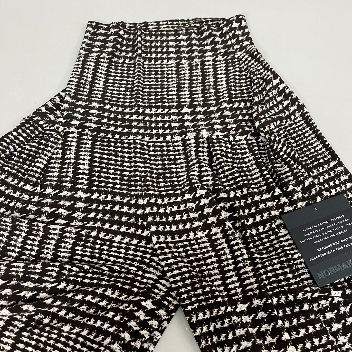 NORMA KAMALI High Waist Pleat Pant Women's Sz S/32 Chocolate Glenn Plaid Tweed