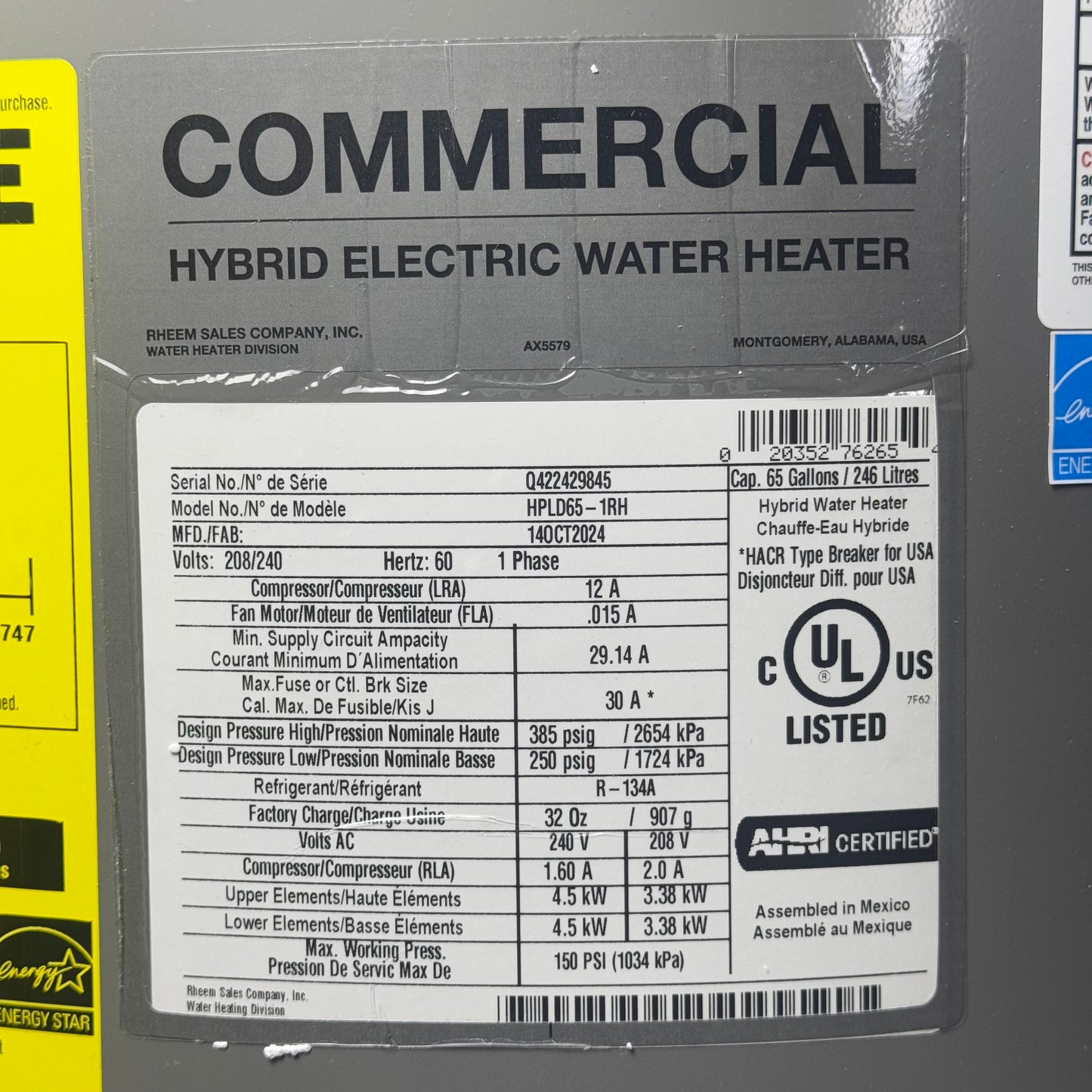 RHEEM Hybrid Electric Water Heater Sz 63” H x 24” D Grey HPLD65-1RH