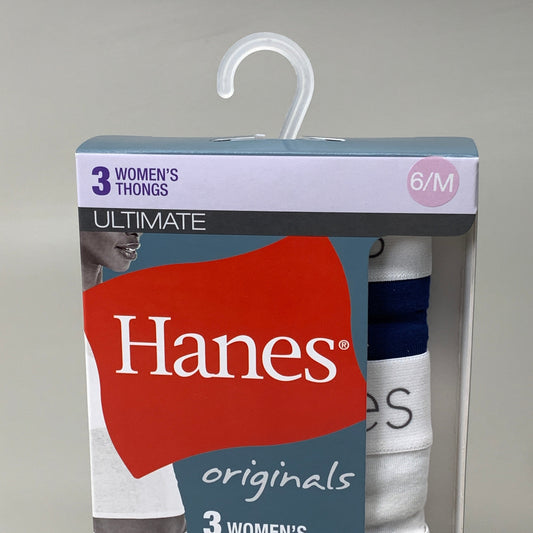 HANES 3 PACK!! Originals Women's Breathable Cotton Stretch Thongs Underwear Sz 6/M Navy/White/Floral 45U0BT