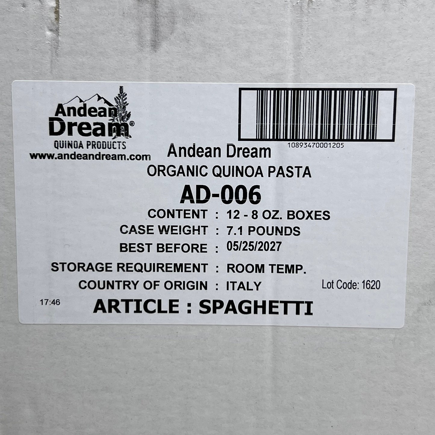 ANDEAN DREAM (12 Pack) Organic Quinoa Pasta 8 oz/Box AD-006 BB 05/27