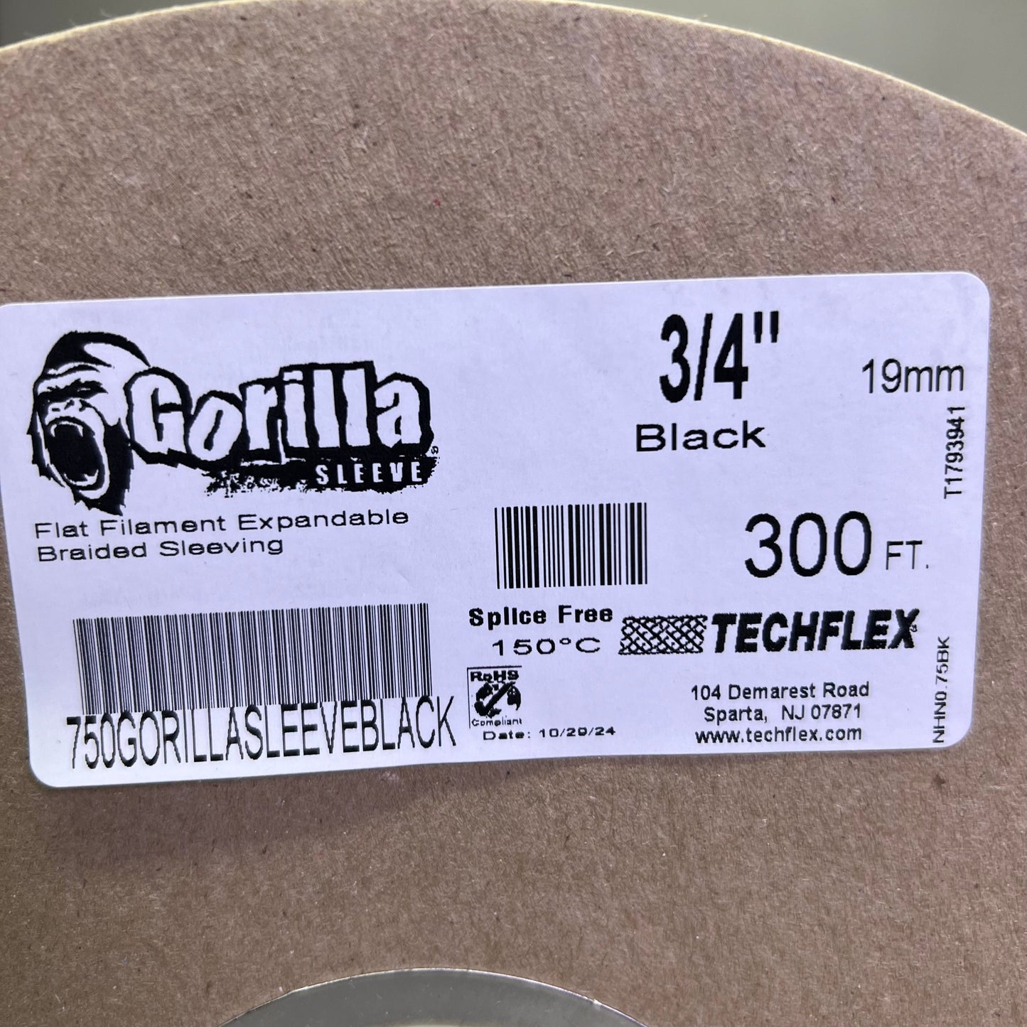 GORILLA Flat Filament Expandable Braided Sleeving Sz 300 ft x 3/4", Black