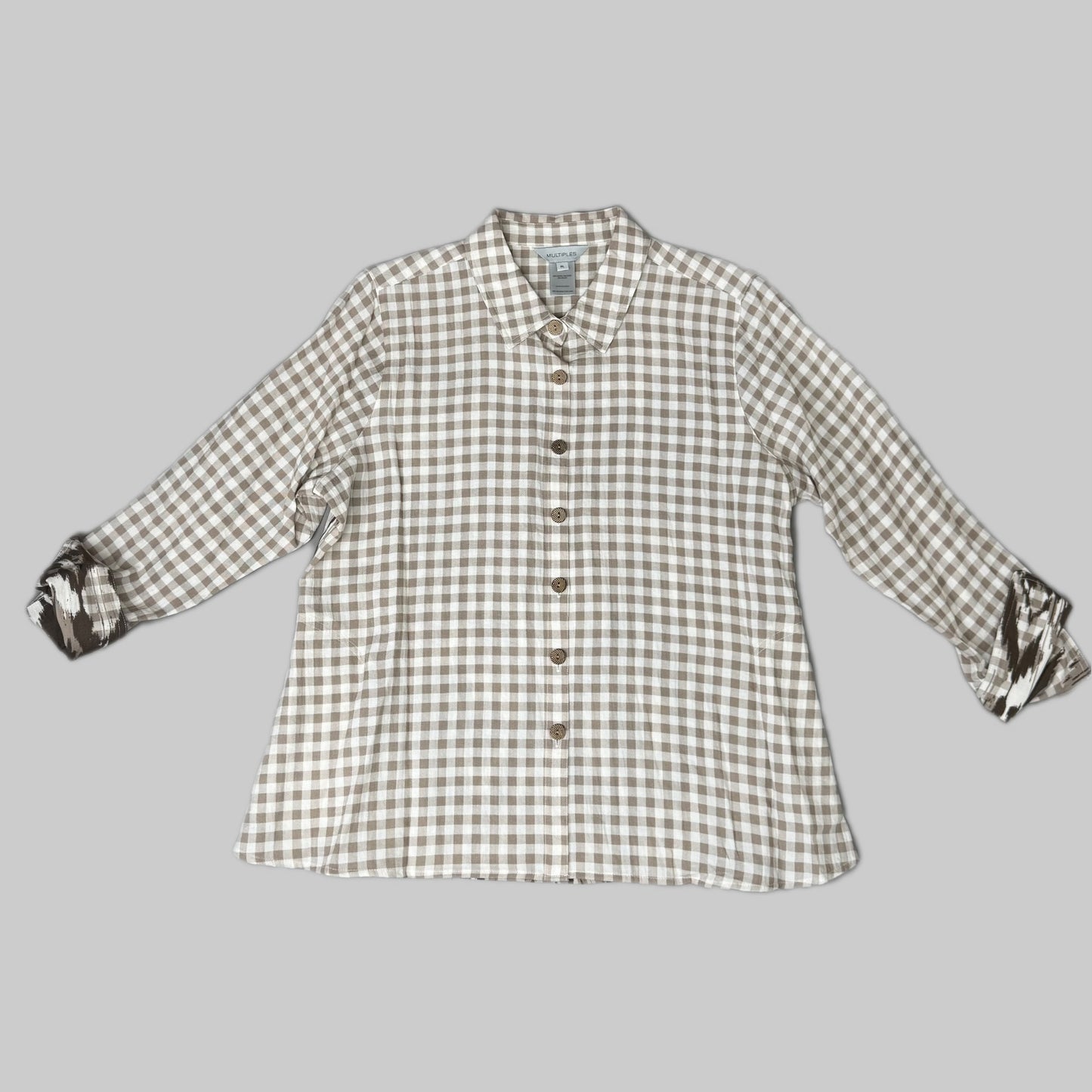 MULTIPLES Button-Up Plaid Shirt w/Cuff Petite Women's Sz PL Brown/Cream M44506BP