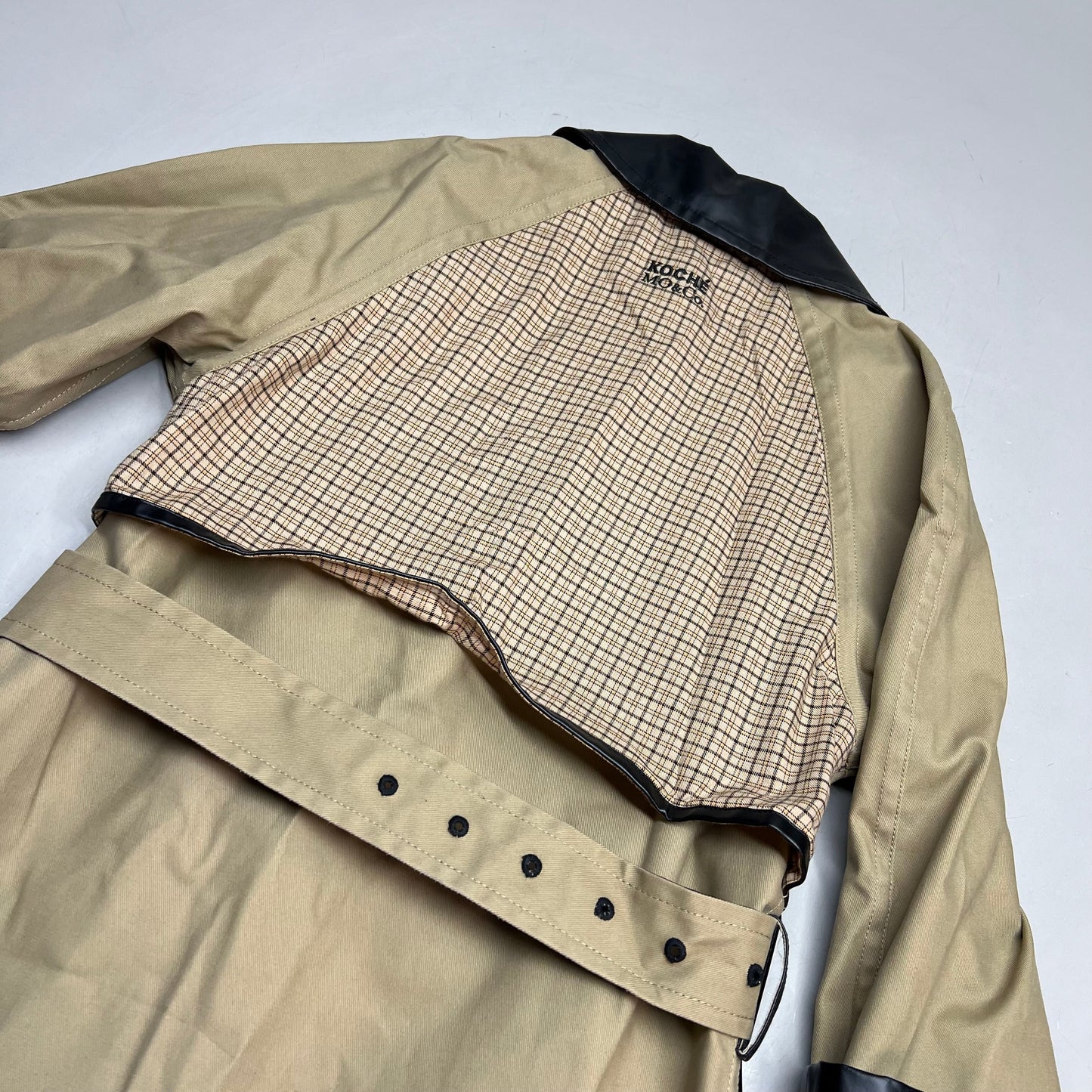 KOCHE MO & CO. Reversible Tie Around Trench Coat Unisex Sz M Khaki/Plaid/Black