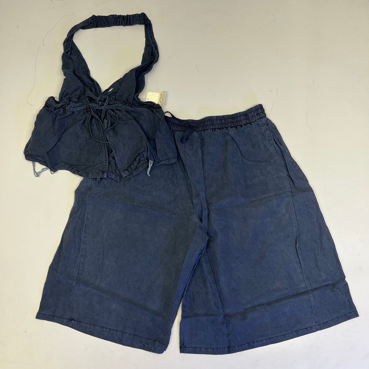 FREE PEOPLE Sidra Set Halter Top & Knee Shorts Women's Sz S India Ink 98363328