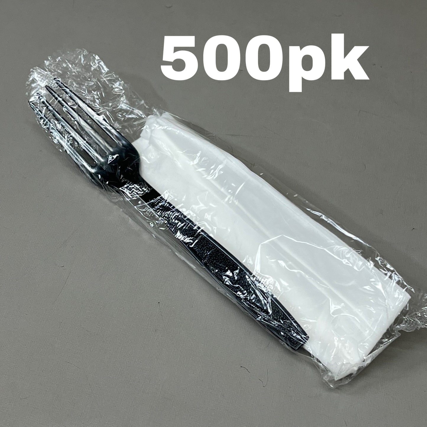 ZA@ NORTH COAST (500 PACK) Heavy Weight Polystyrene Individually Packaged Forks w/ 2-Ply Napkin Black As-is