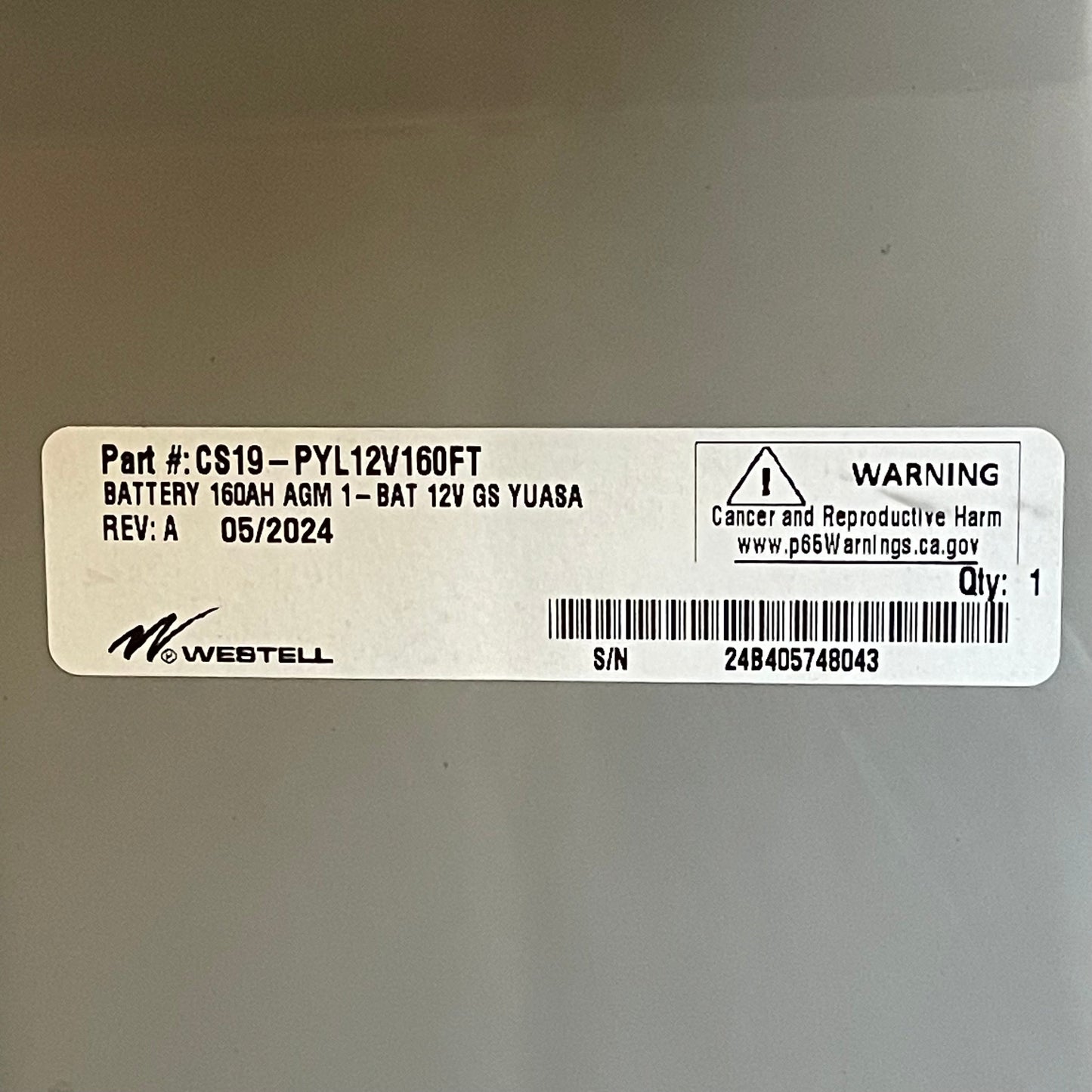 WESTELL Portalac Battery with HT X Alloy 8-hour Grey CS19-PYL12V160FT