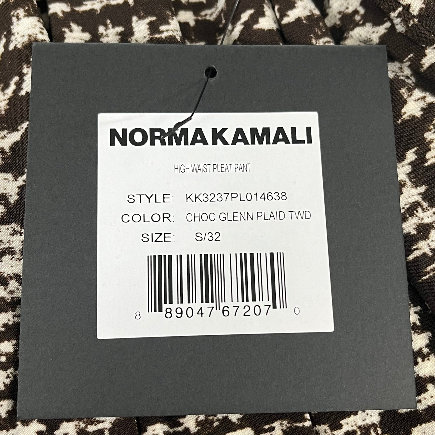 NORMA KAMALI High Waist Pleat Pant Women's Sz S/32 Chocolate Glenn Plaid Tweed