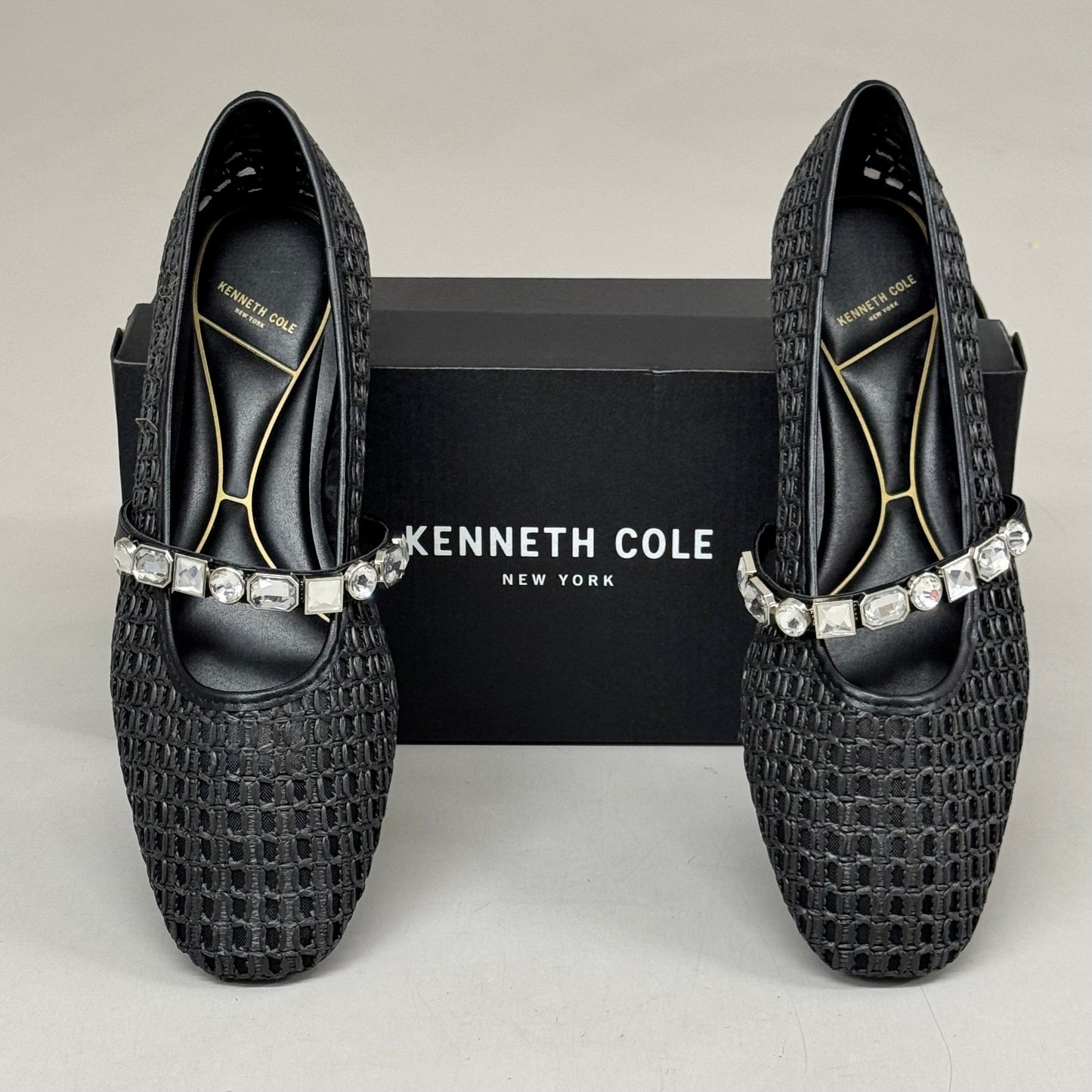 KENNETH COLE New York Zeta Raffia Jewel Jane Flat Women's Sz 9.5 Black KL25ZMJ01