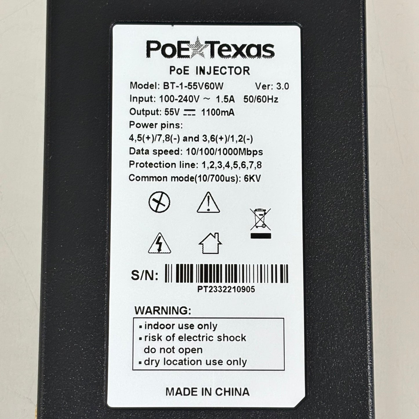 POE TEXAS Dual Signature Injector Output W/ Surge Protection 55V 60W Output Black BT-1-55V60W