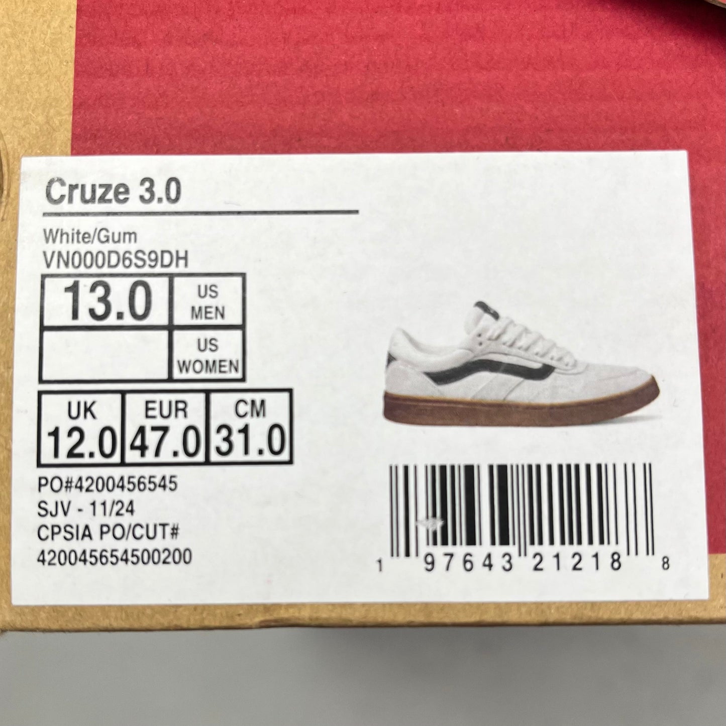 VANS Cruze 3.0 Sneakers Sz Men's 13.0 White/Gum VN000D6S9DH