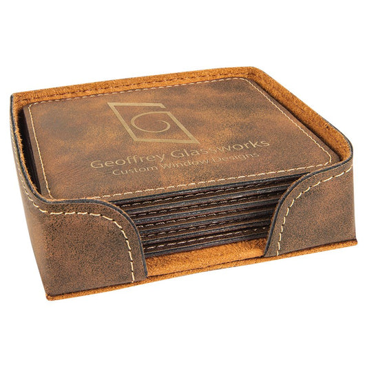 Coaster - Rustic/Gold Square Leatherette, 6 Coaster set with holder