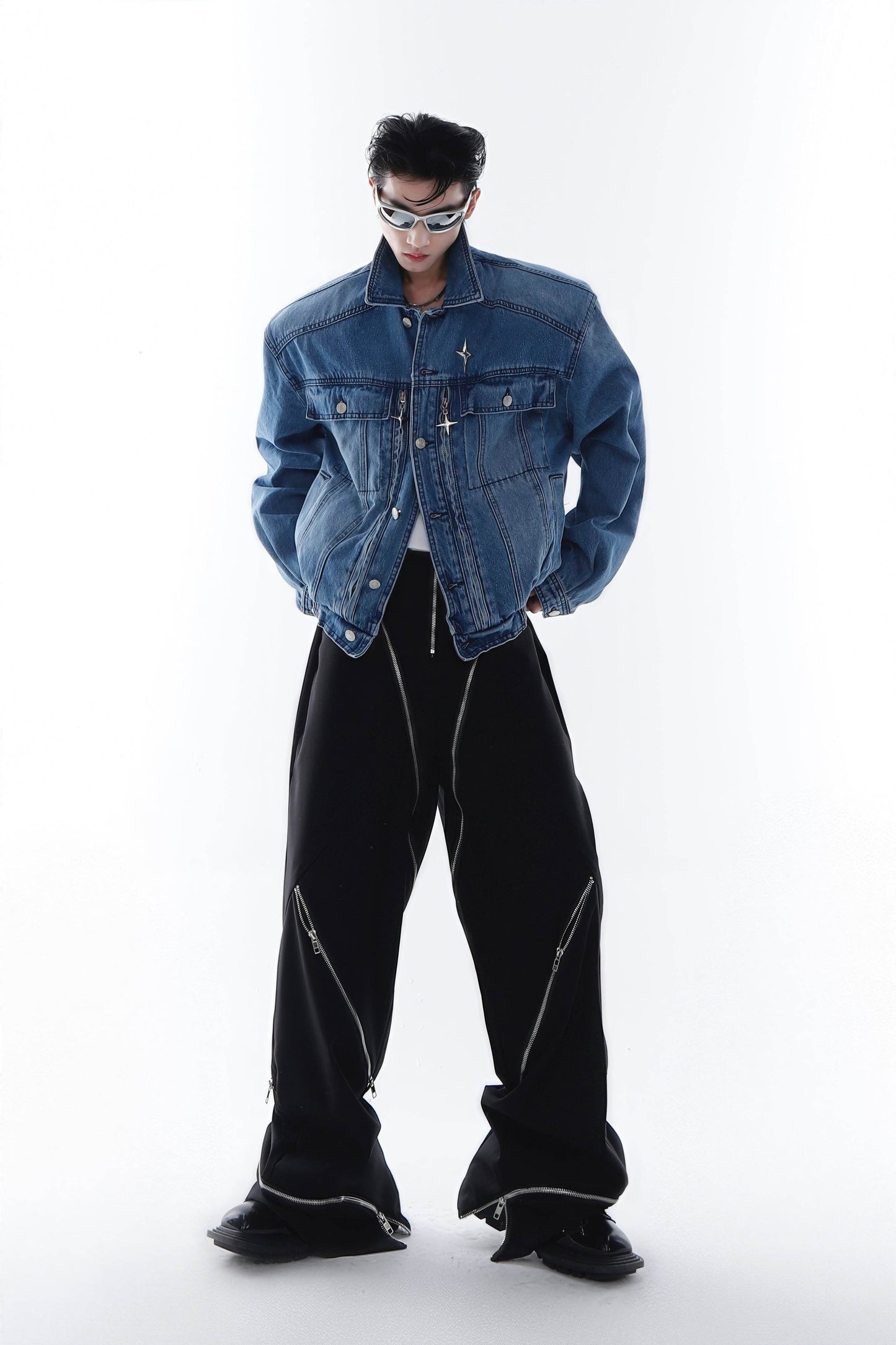 Heavyweight Denim Jacket - Washed Shoulder Pads & Metal Zipper Design