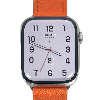 Hermes Apple Watch Series 7 GPS/ Cellular 45 mm - Stainless Steel Case - Orange Faux Leather Watch Band