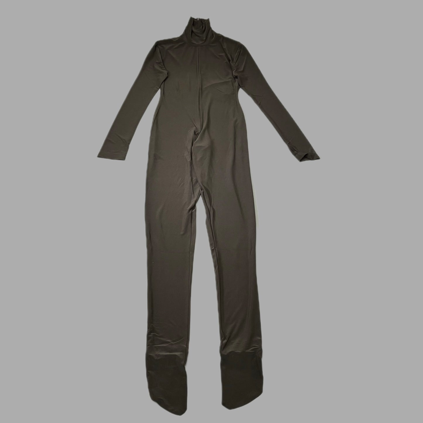 NORMA KAMALI Slim Fit Turtleneck Catsuit w/ Footsie Women's Sz L/40 Chocolate