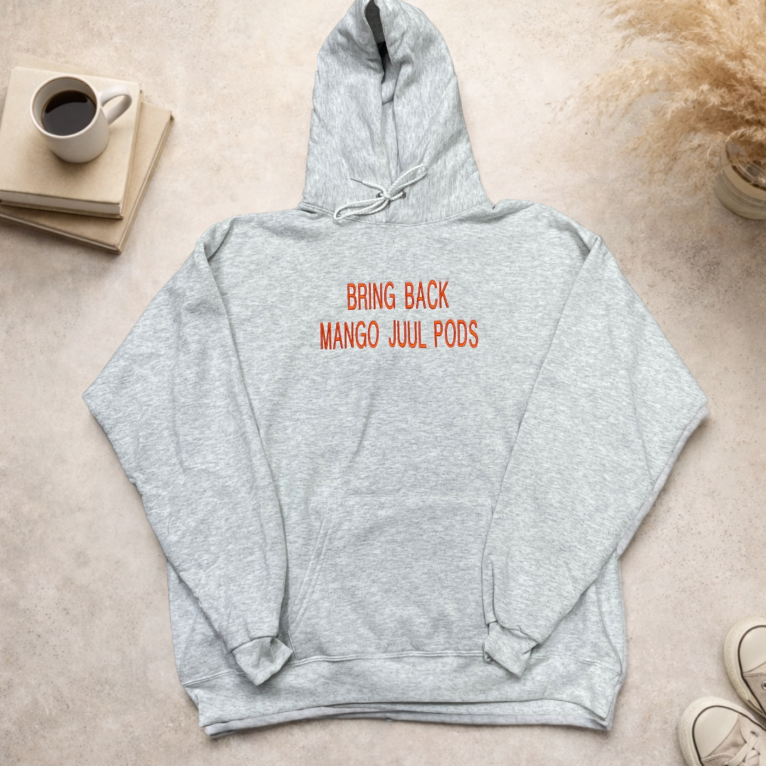 Bring Back Mango Juul Pods Custom Embroidered Ash Gray Hoodie with Orange Lettering