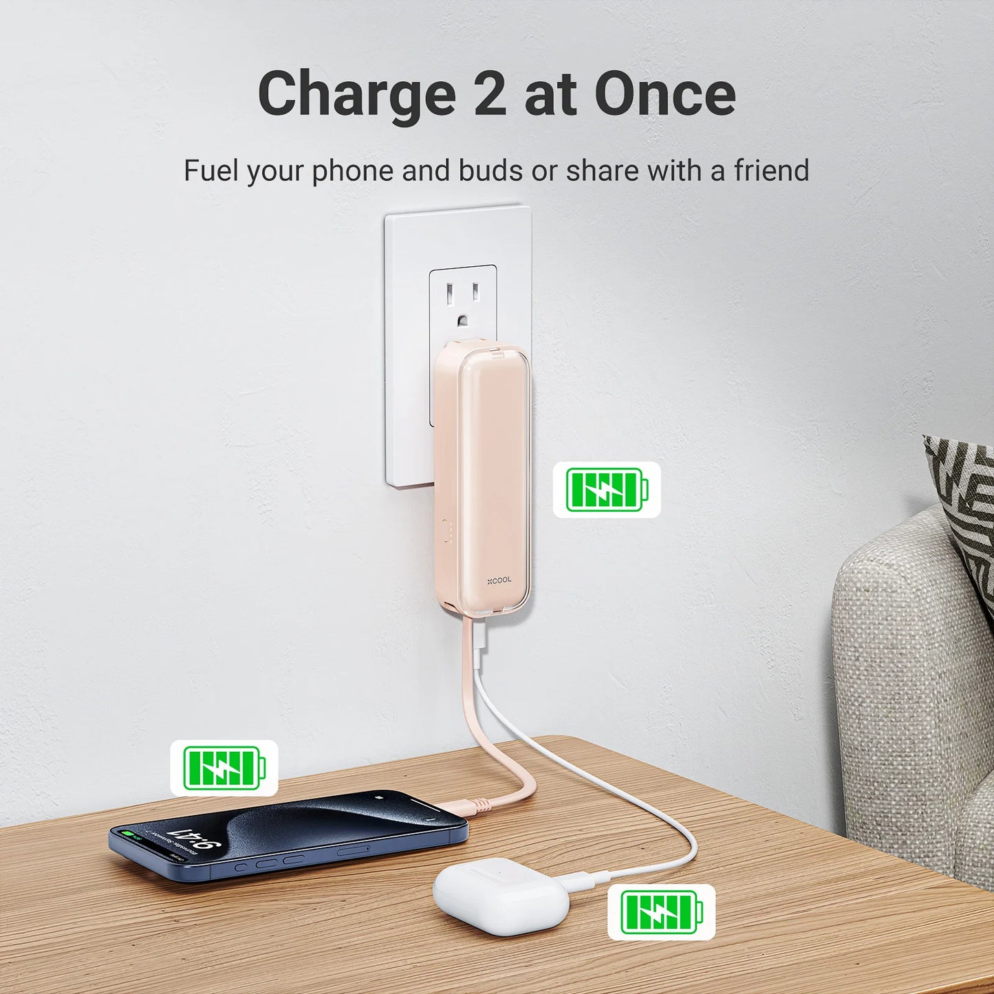 xCool CablePlug™ 3-in-1 Power Bank with Built-In Cable and Wall Plug, 5,000mAh