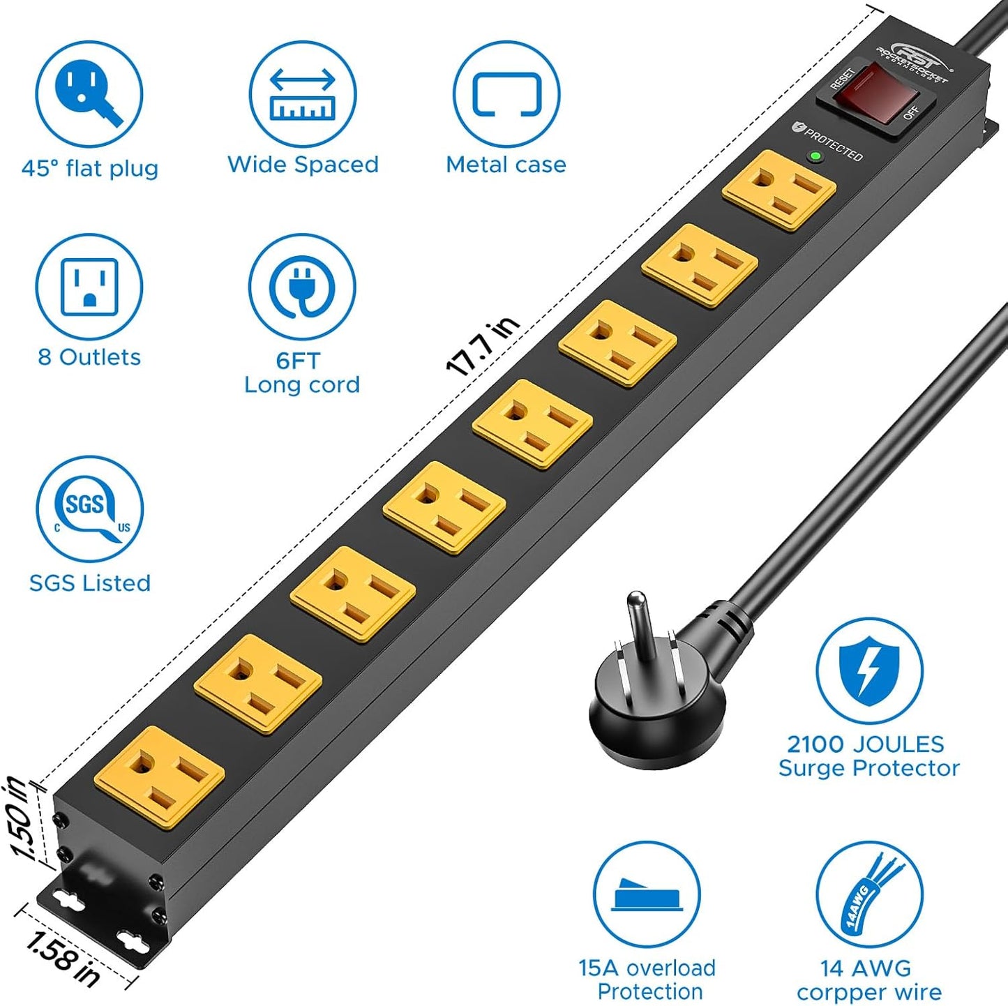 CRST 2-Pack 8-Outlet Heavy Duty Metal Power Strip, 2100J Surge, Mountable, ETL Listed