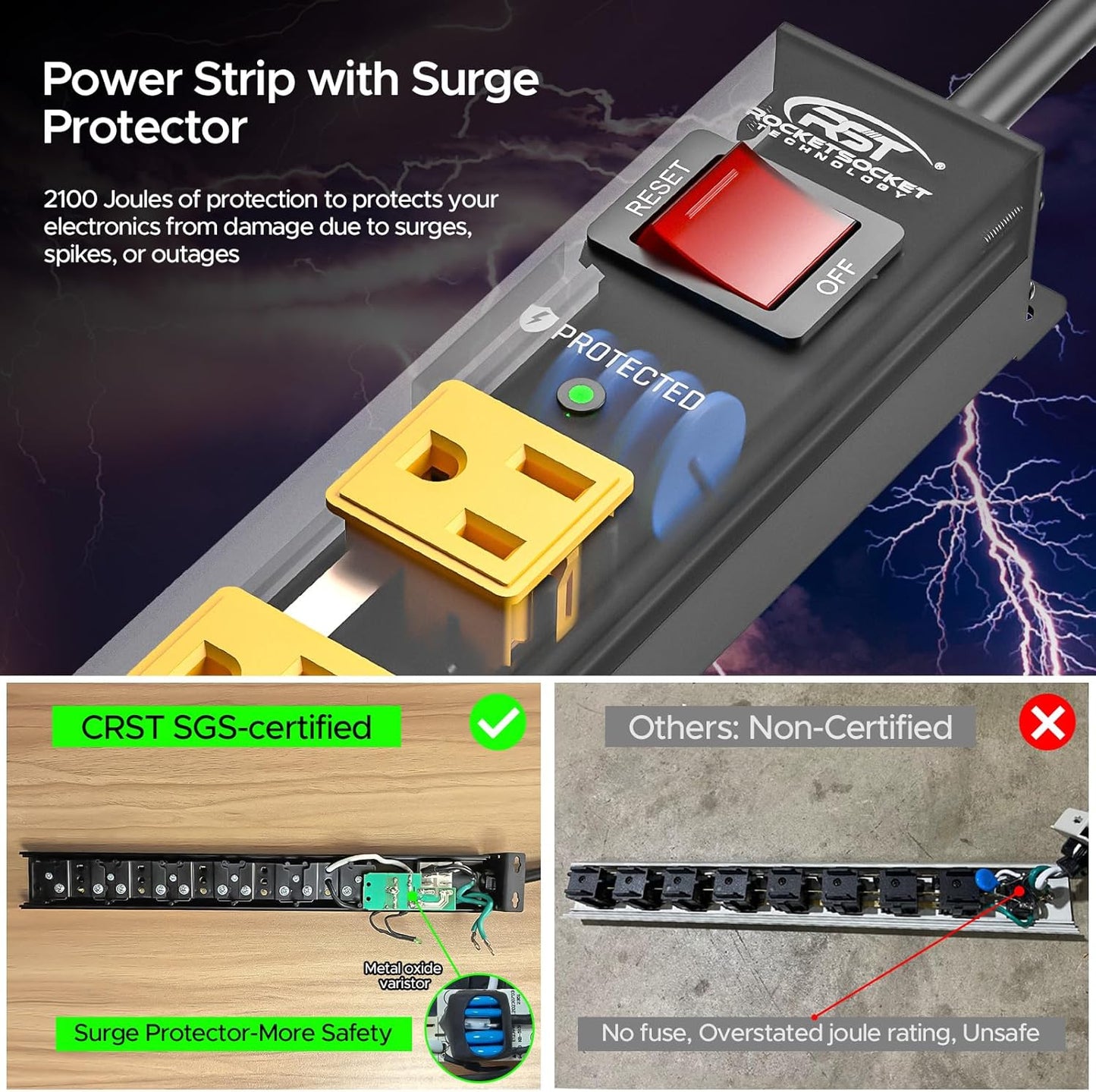 CRST 2-Pack 8-Outlet Heavy Duty Metal Power Strip, 2100J Surge, Mountable, ETL Listed