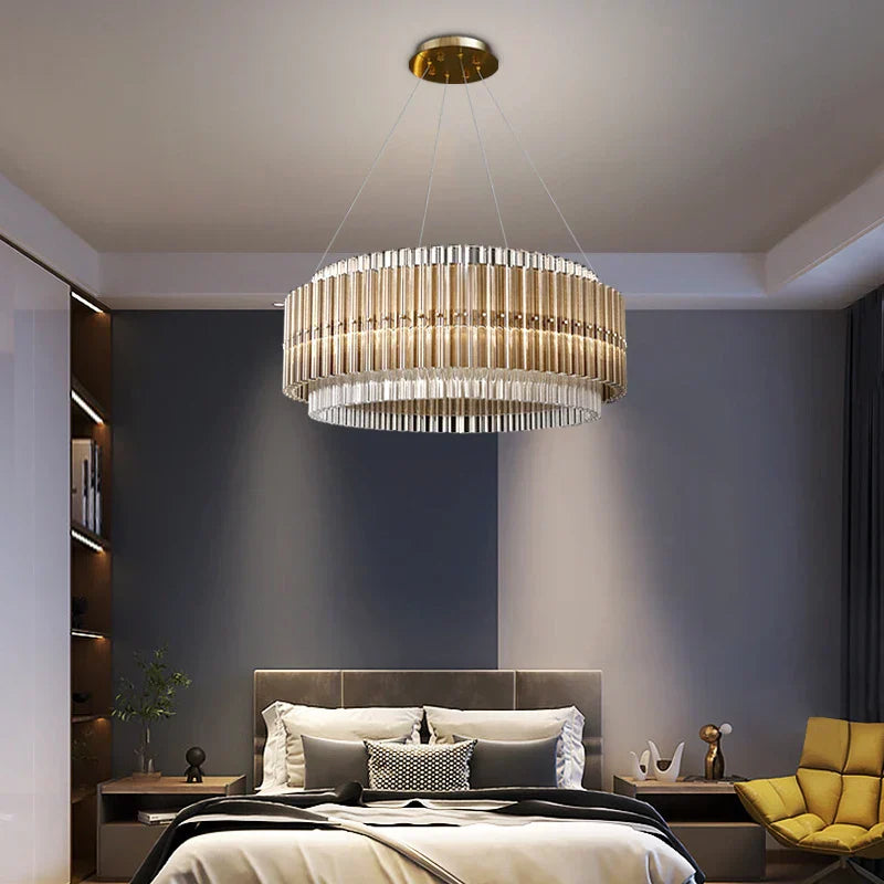 Luxury LED Chandelier for Living Room - Modern Round Glass Hanging Lamp in Gold