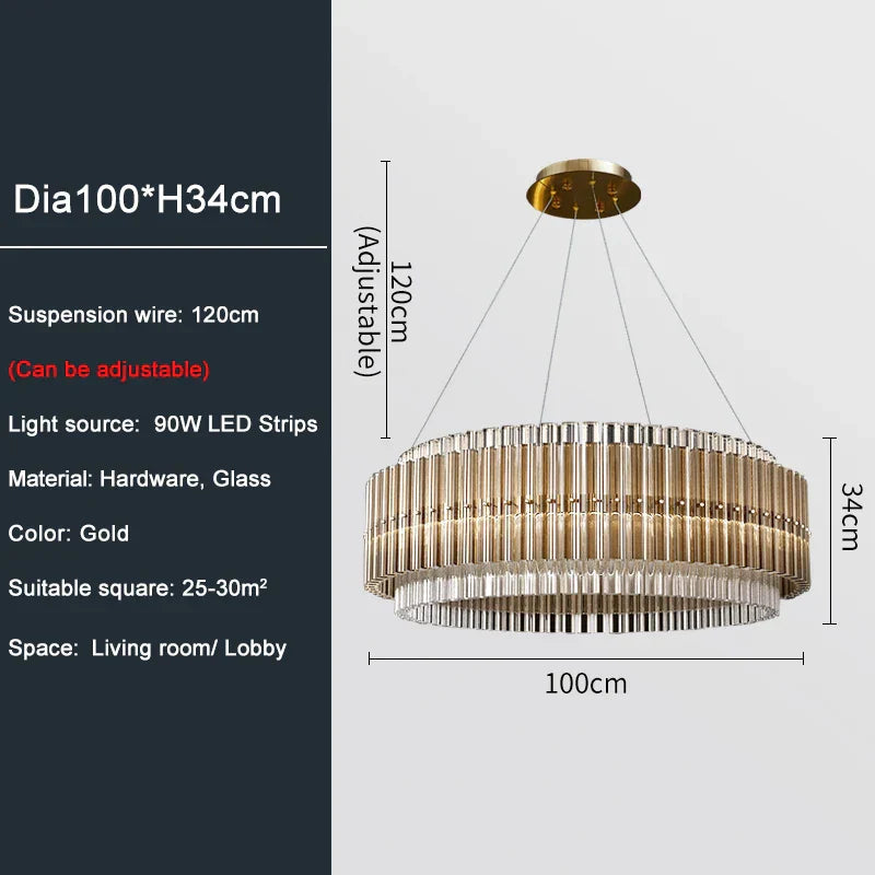 Luxury LED Chandelier for Living Room - Modern Round Glass Hanging Lamp in Gold