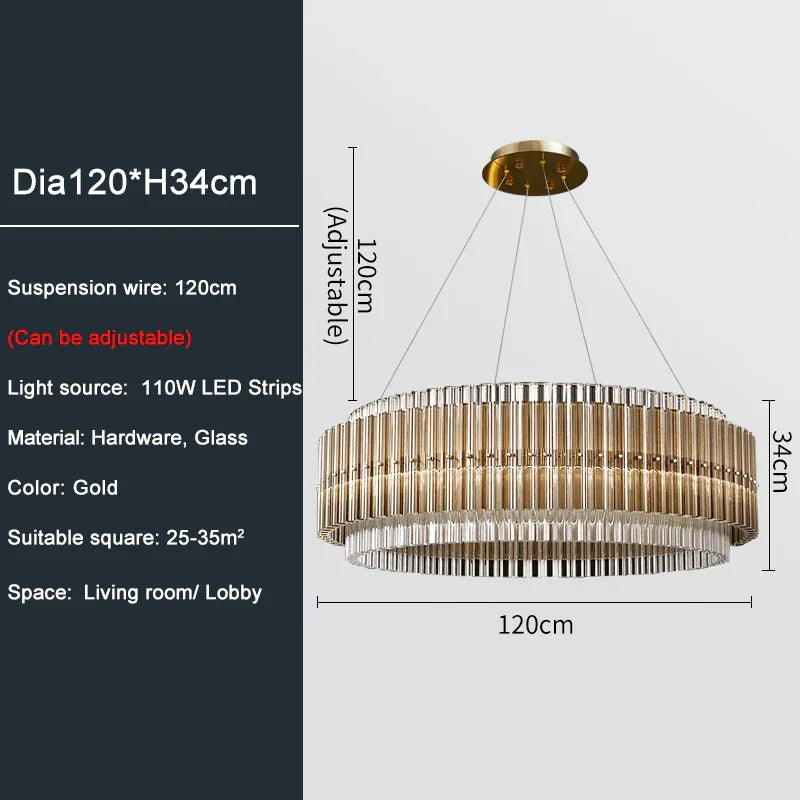 Luxury LED Chandelier for Living Room - Modern Round Glass Hanging Lamp in Gold
