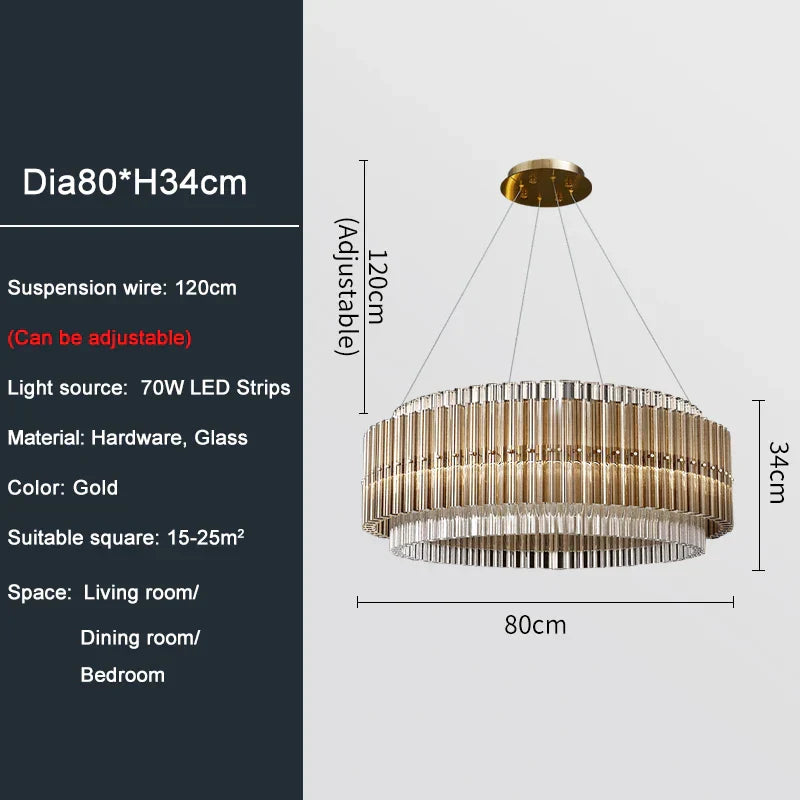 Luxury LED Chandelier for Living Room - Modern Round Glass Hanging Lamp in Gold