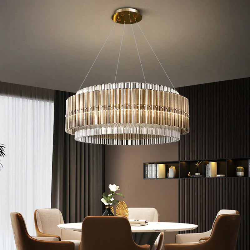 Luxury LED Chandelier for Living Room - Modern Round Glass Hanging Lamp in Gold
