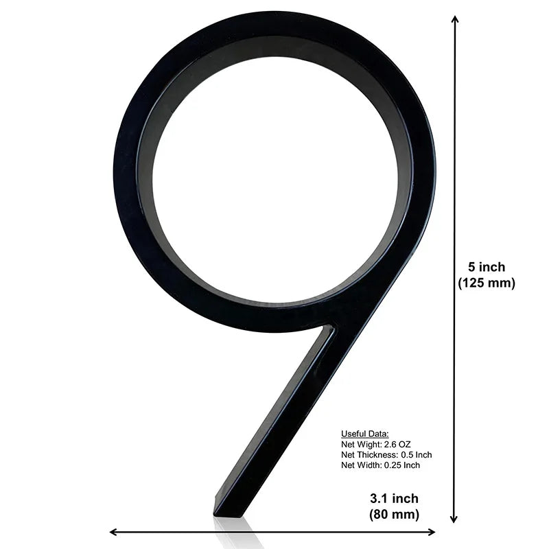 125mm 3D Black Zinc House Numbers – Arabic Numerals with Floating Doorplate Holder