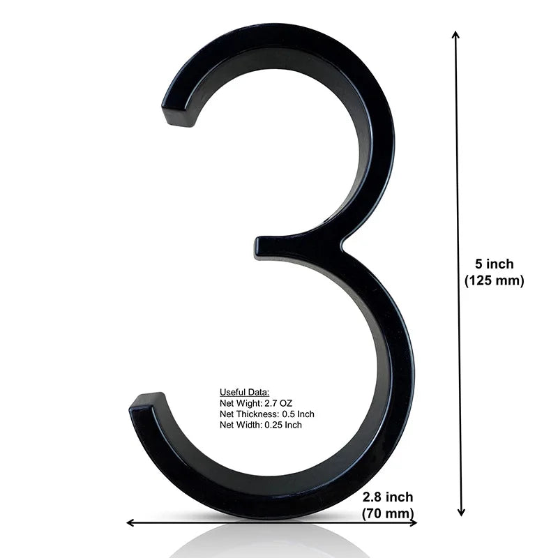 125mm 3D Black Zinc House Numbers – Arabic Numerals with Floating Doorplate Holder