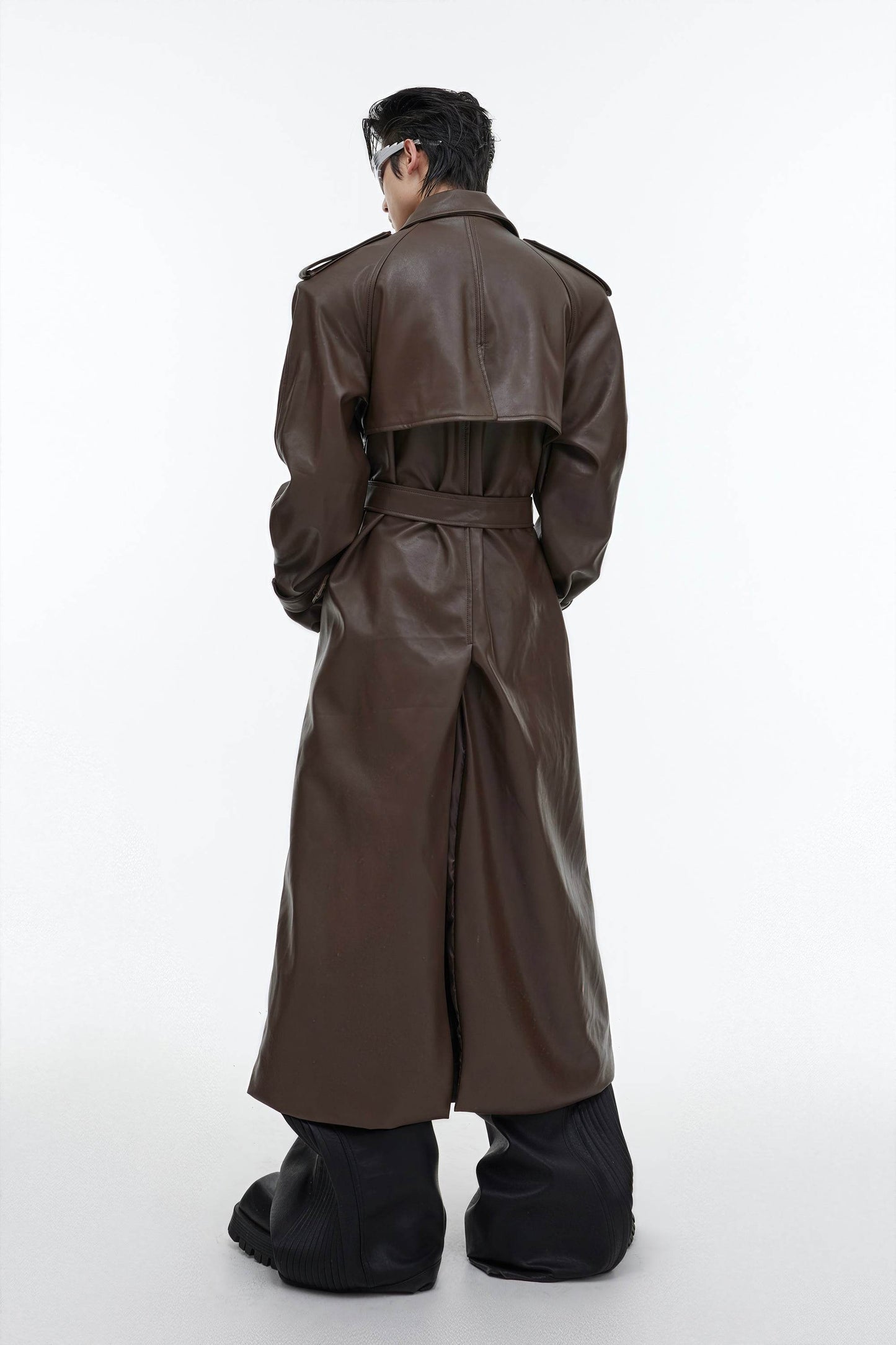 Structured PU Leather Coat - Oversized Trench with Shoulder Pads