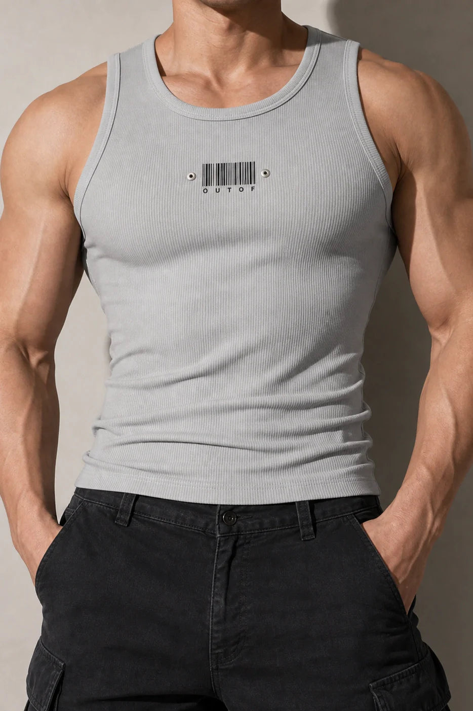 Men's Sleeveless Ribbed Tank with Stud Embroidery – Stretch Gym Wear