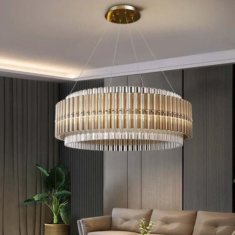 Luxury LED Chandelier for Living Room - Modern Round Glass Hanging Lamp in Gold