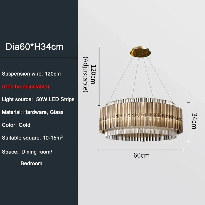 Luxury LED Chandelier for Living Room - Modern Round Glass Hanging Lamp in Gold