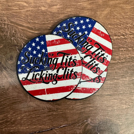 Sucking T's and Licking C's – American Flag Version | UV Printed Leather Hat Patch