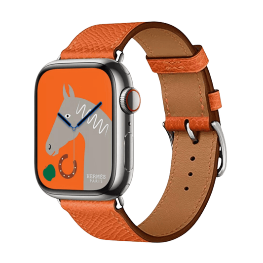 Hermes Apple Watch Series 7 GPS/ Cellular 45 mm - Stainless Steel Case - Orange Faux Leather Watch Band