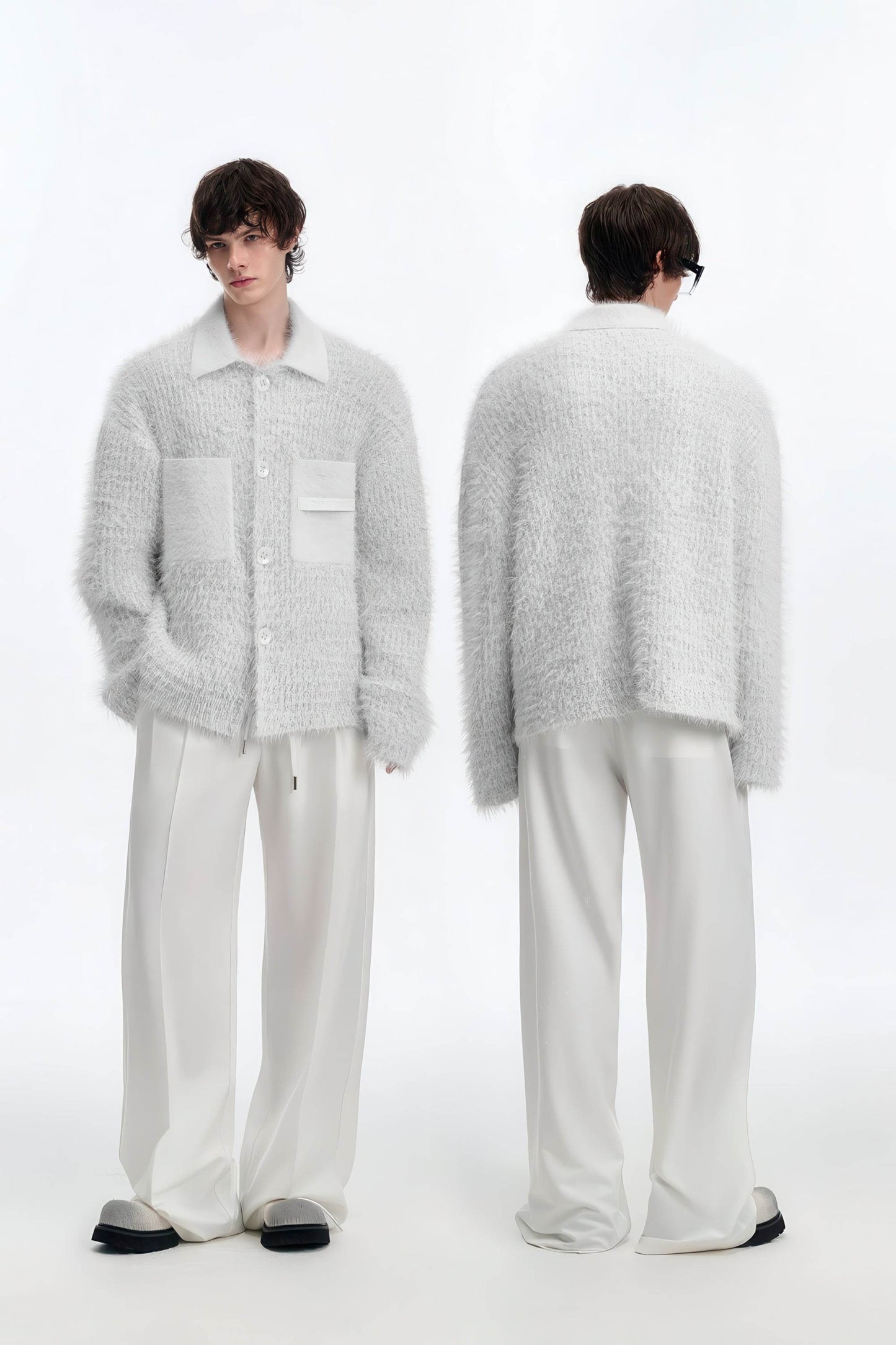 White Chunky Knit Cardigan - Ceramic Button & Shawl Collar Design