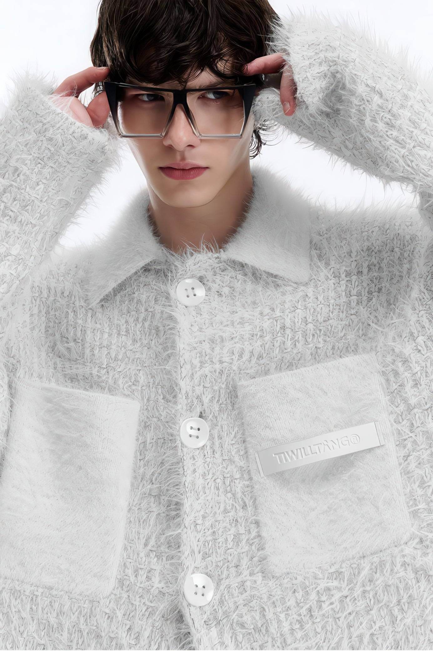 White Chunky Knit Cardigan - Ceramic Button & Shawl Collar Design