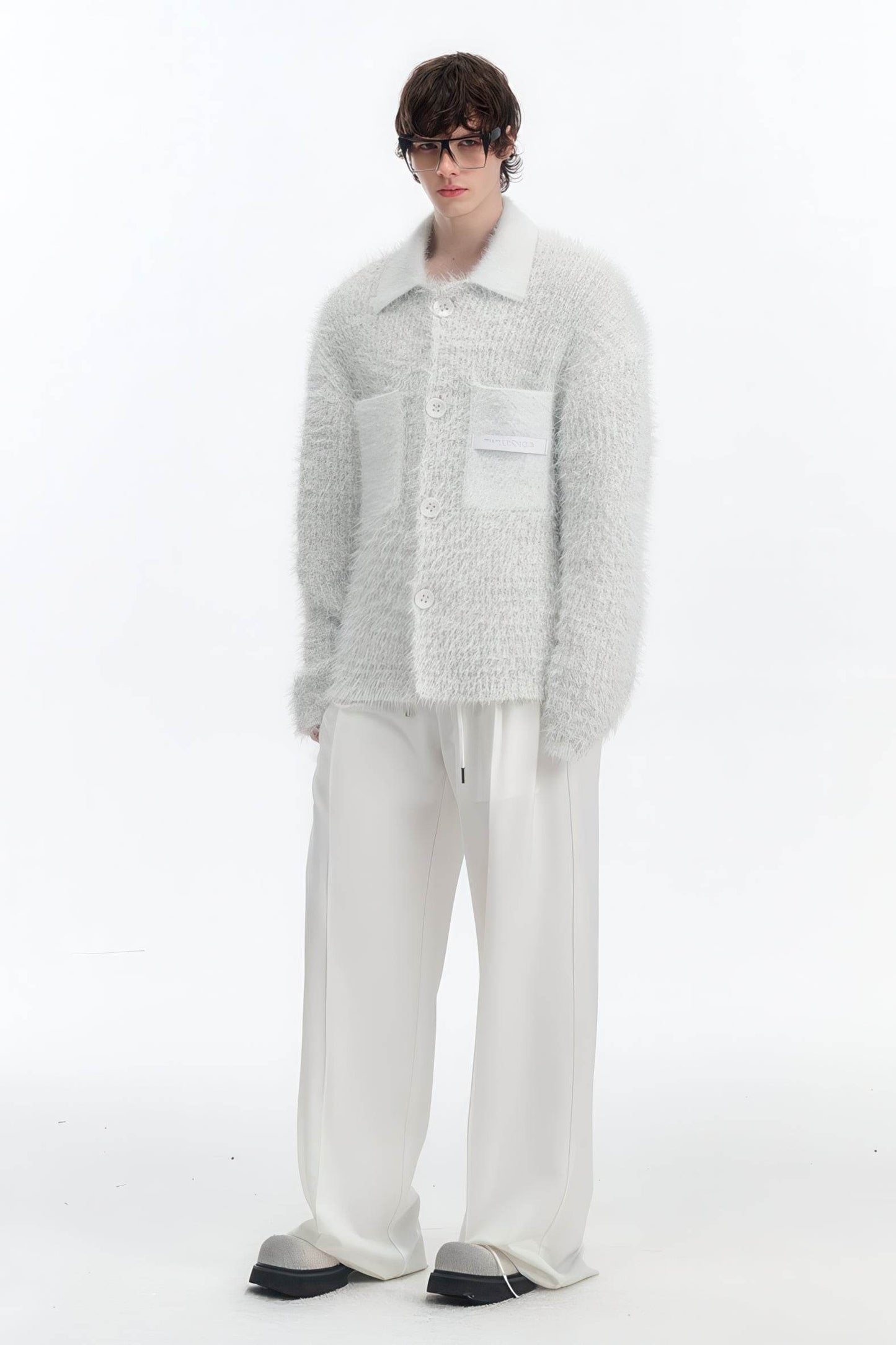 White Chunky Knit Cardigan - Ceramic Button & Shawl Collar Design