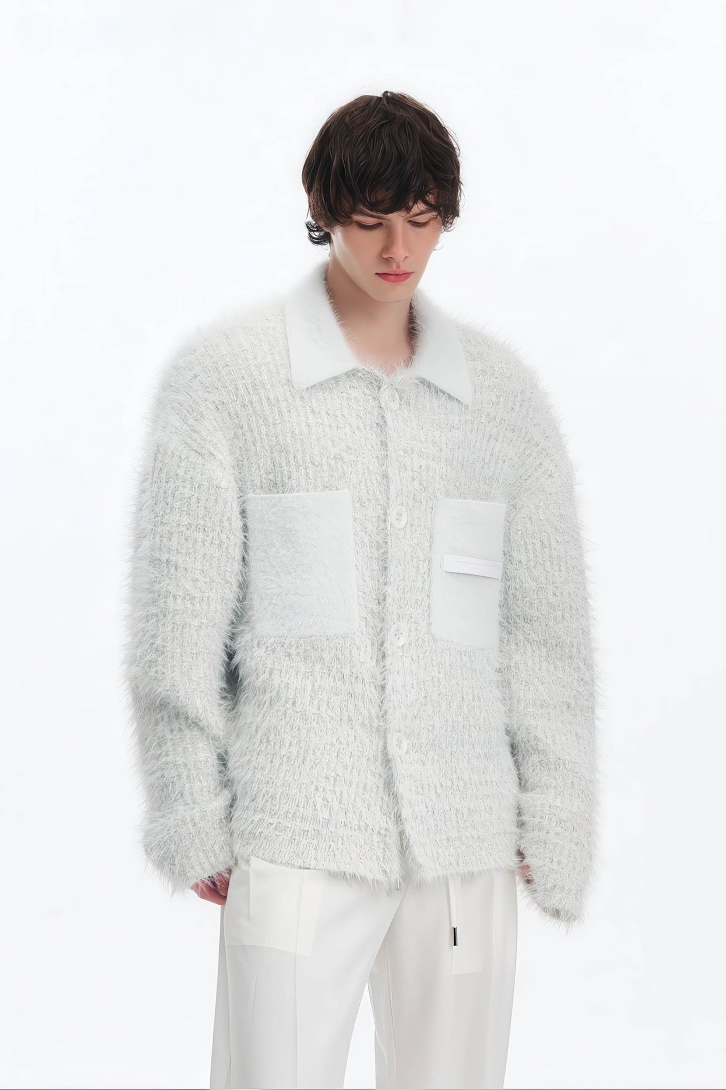 White Chunky Knit Cardigan - Ceramic Button & Shawl Collar Design