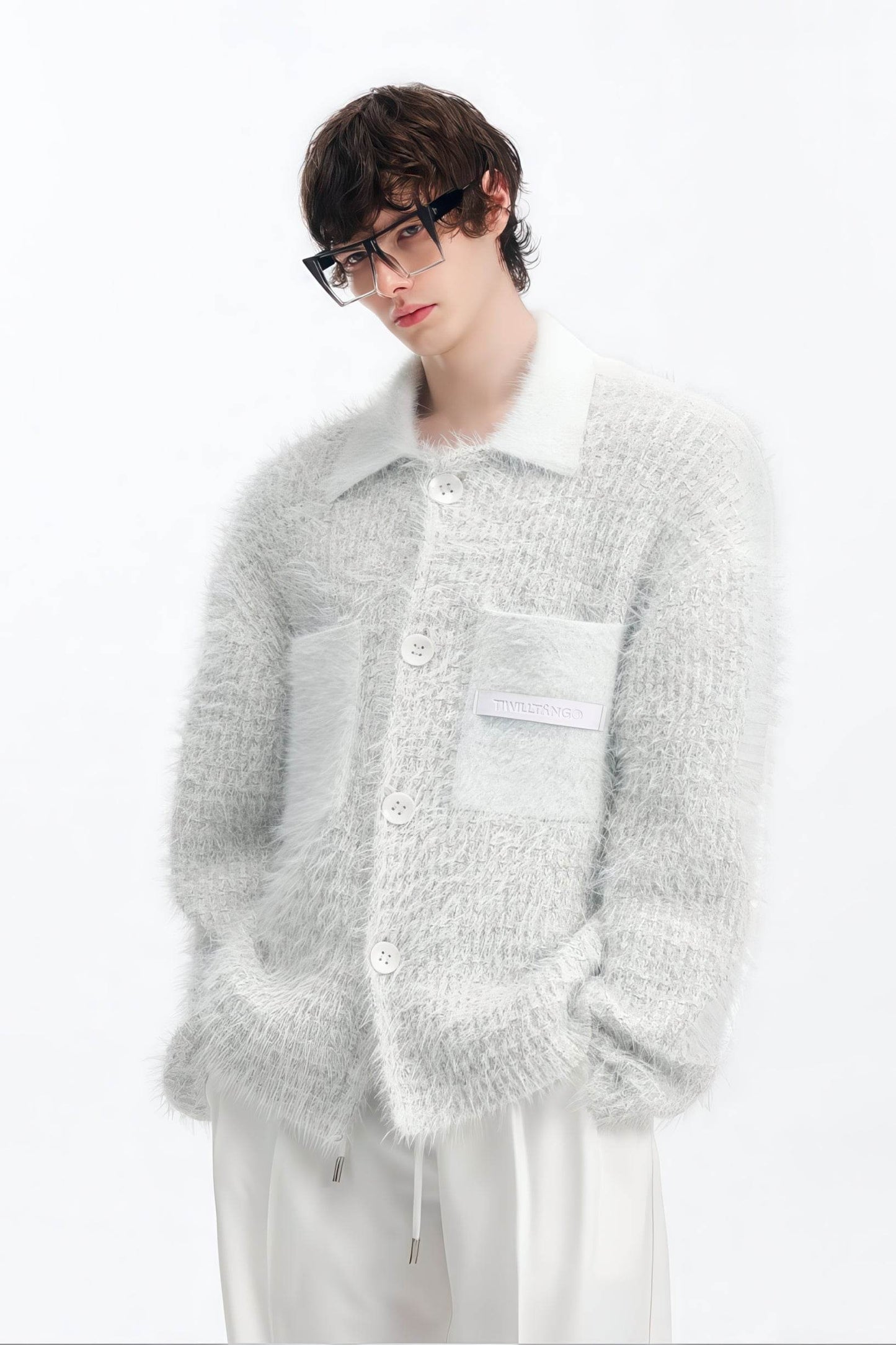 White Chunky Knit Cardigan - Ceramic Button & Shawl Collar Design