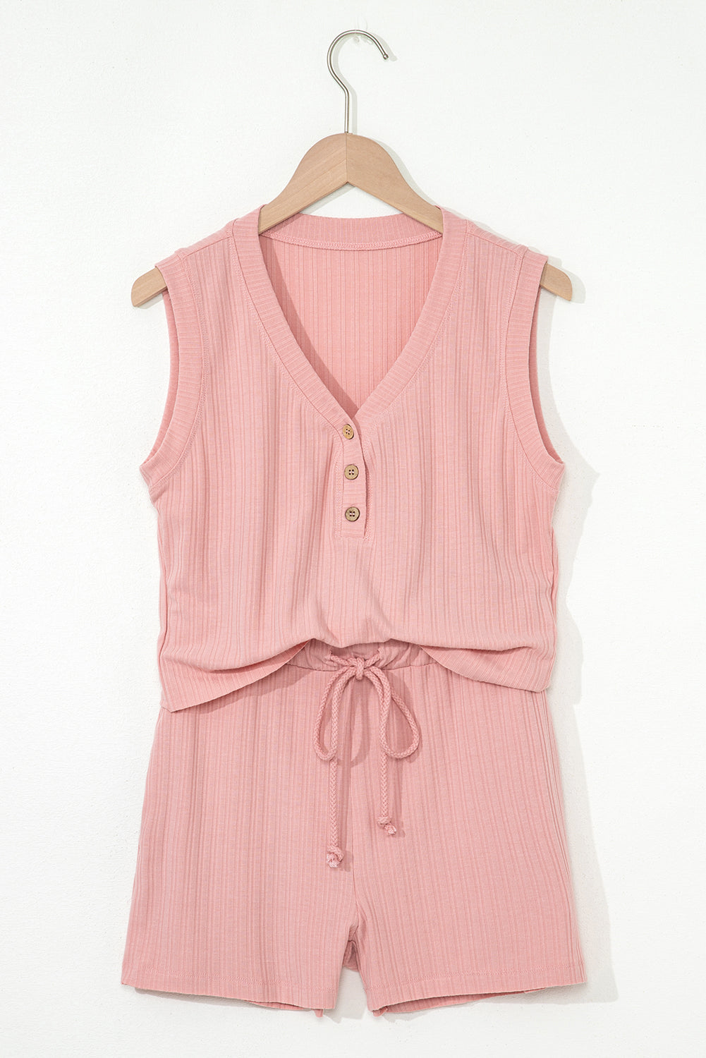 Linda Ribbed Button V Neck Set