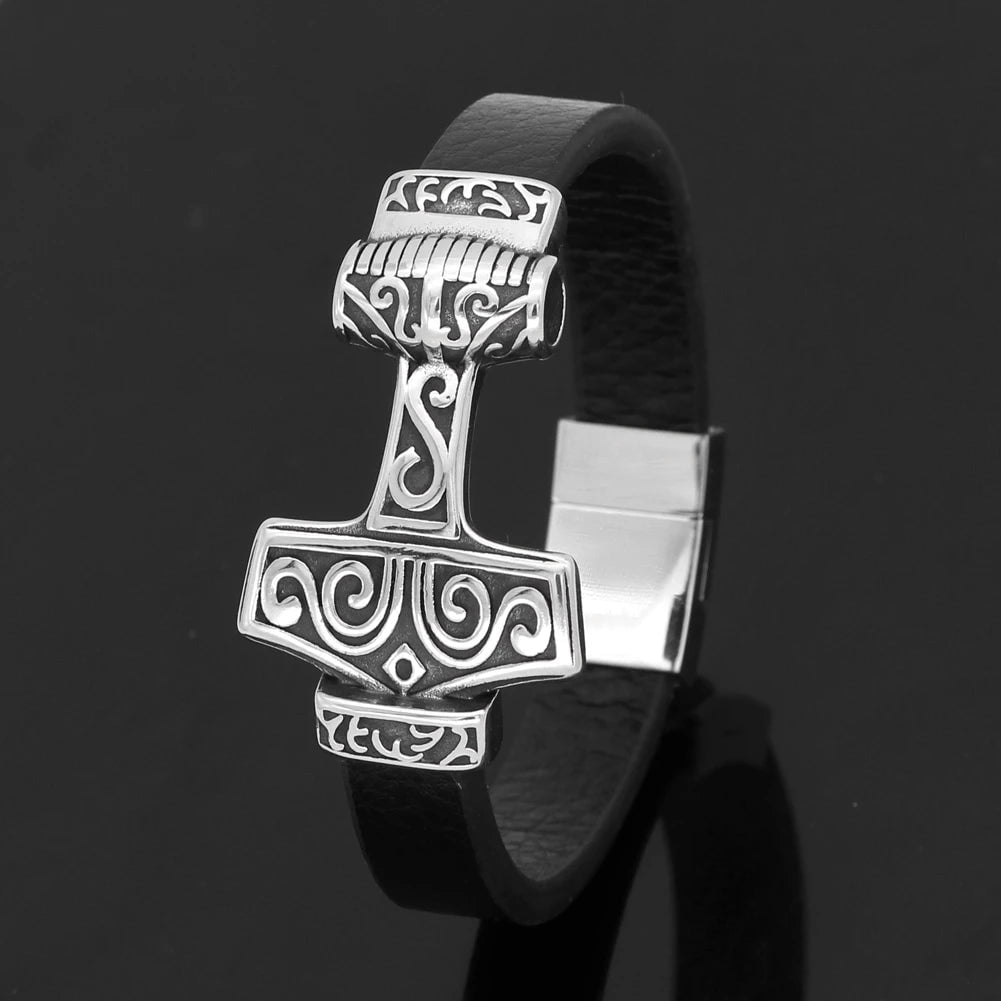Vikings Mjolnir Stainless Steel Real Leather Bracelet