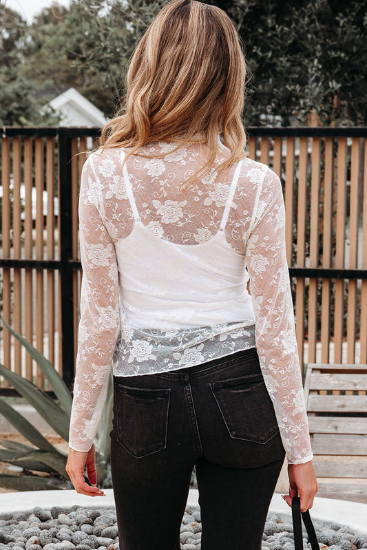 Myla Sheer Floral Lace Mesh Mock Neck Long Sleeve Top