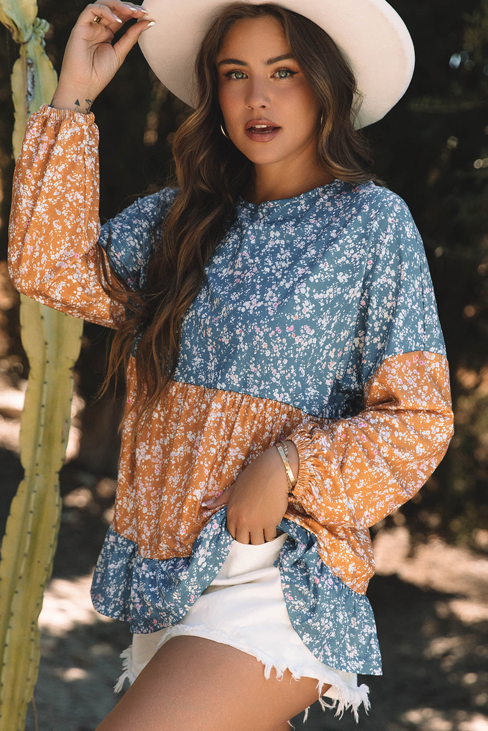 Cecilia Floral Ruffled Hem Round Neck Blouse