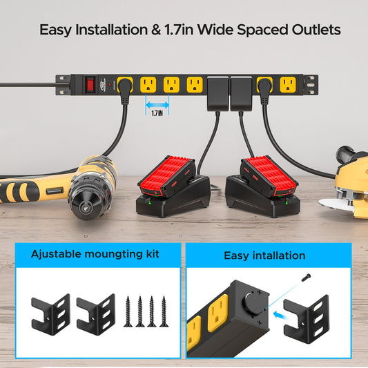 CRST 8-Outlet Mountable Metal Power Strip | 4-Way Bracket Mount, 2100J Surge Protector, 45° Flat Plug, Wide-Spaced Outlets, ETL Listed