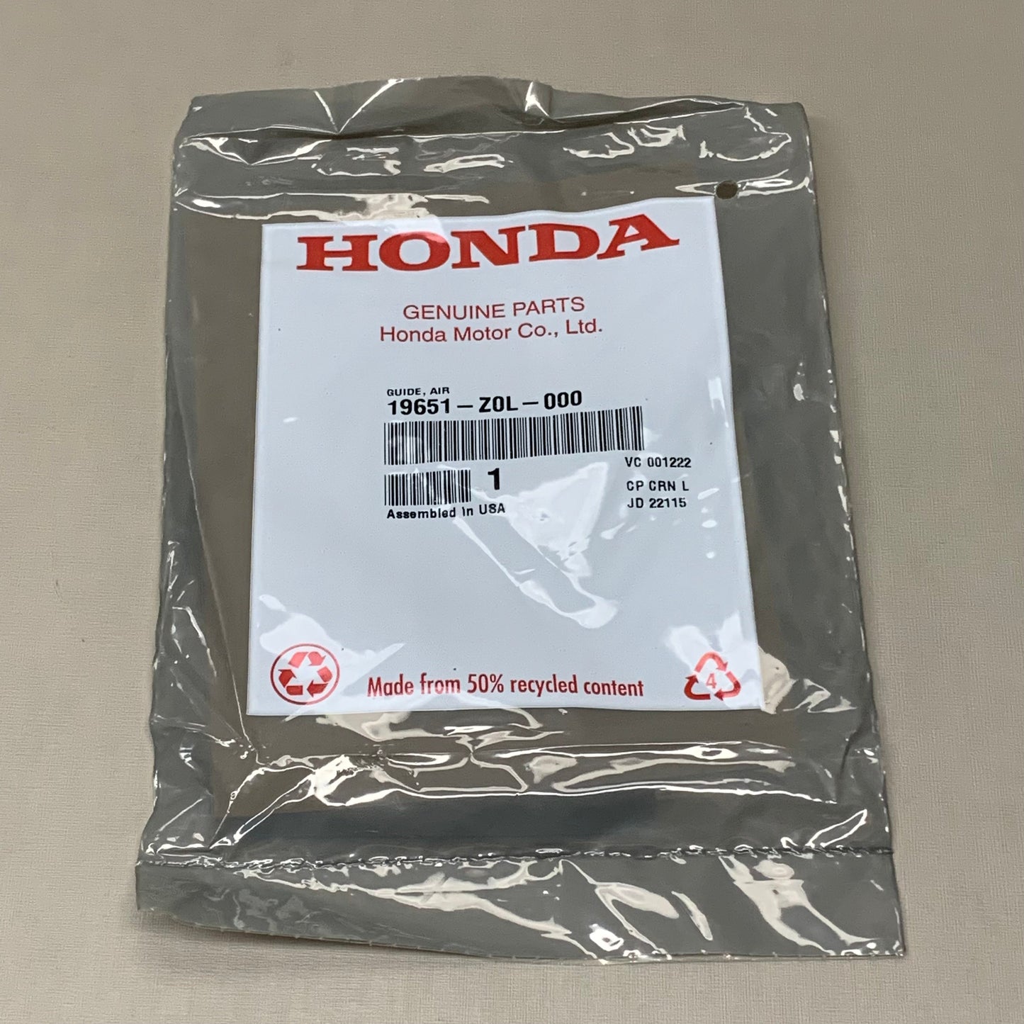 HONDA Air Guide Gasket 19651-Z0L-000 for GCV160, GCV190 and GSV190 OEM (New)