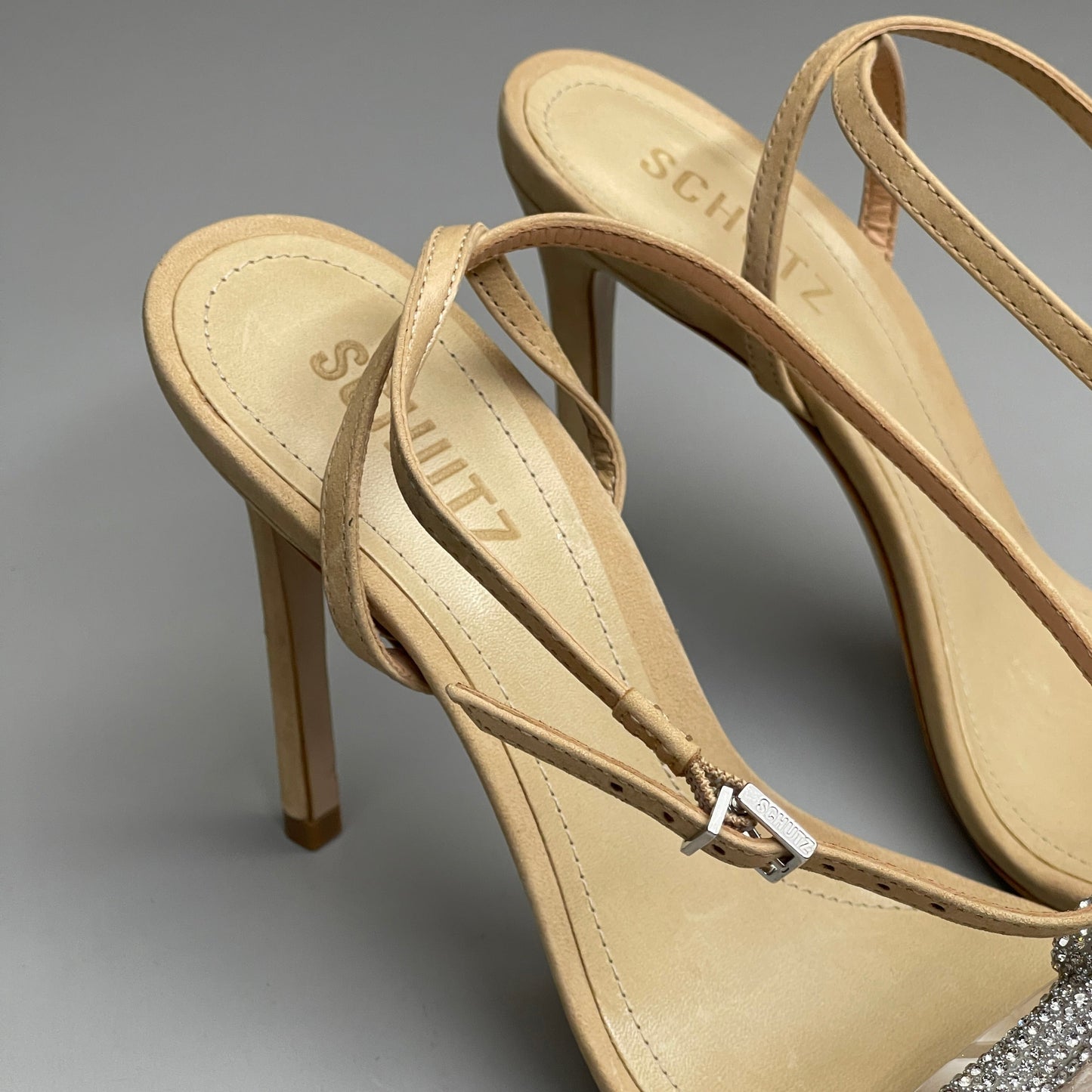 SCHUTZ Peaky Nubuck & Vinyl Multimaterial Women's Sandal Heel Light Nude Sz 8.5B (New)